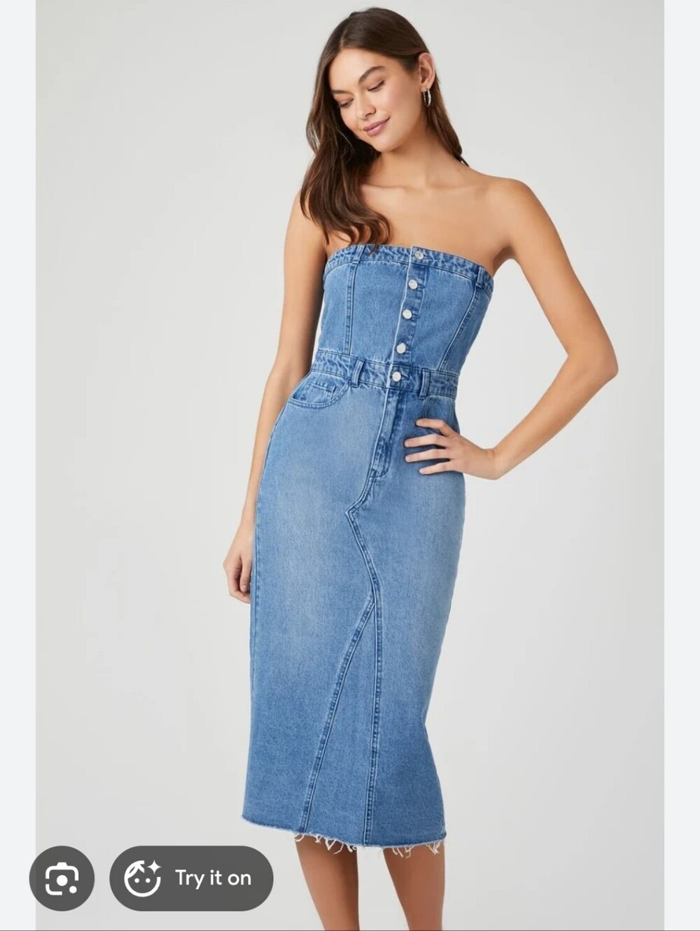 Sincerely Jules 90s Y2K Denim Midi Pencil Dress Strapless Blue Boho Coastal
